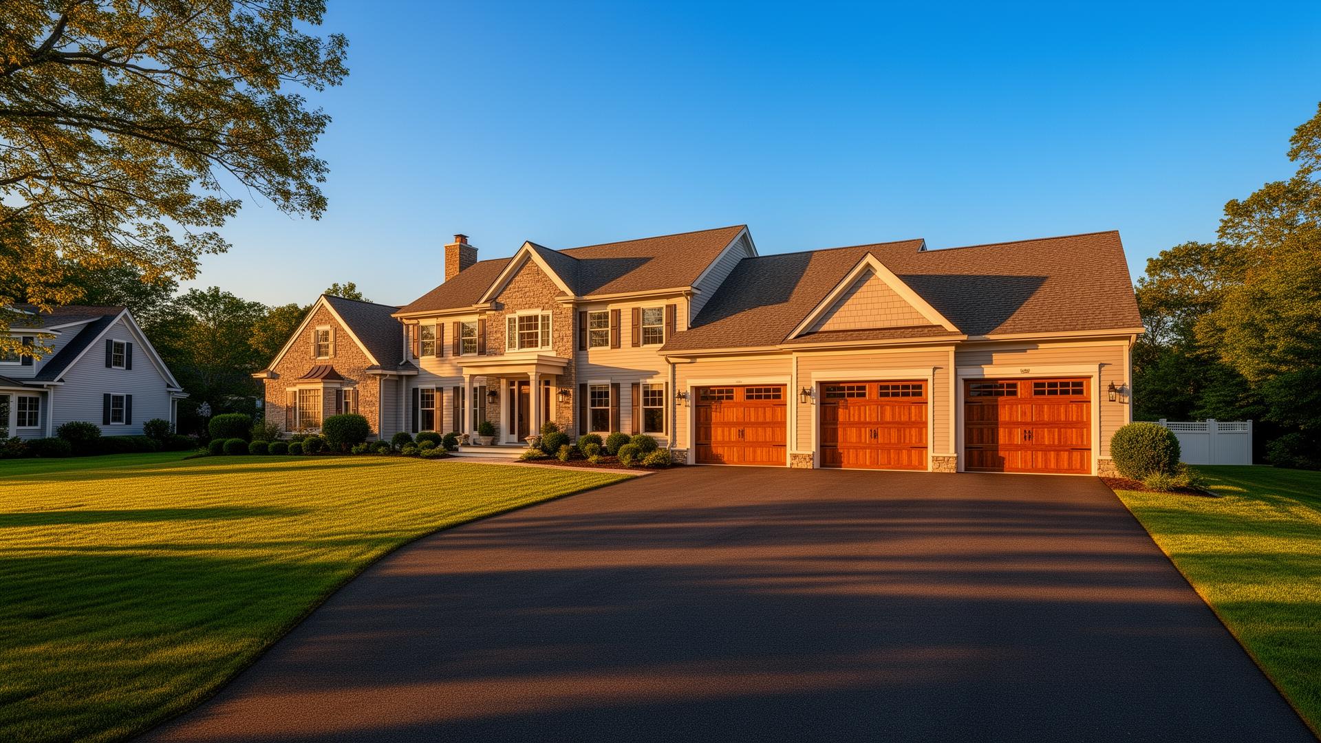 Premium insulated steel garage doors on elegant Massachusetts home